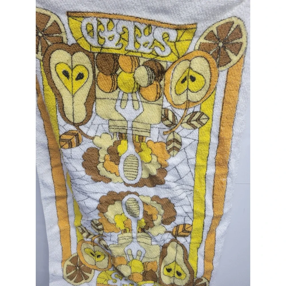 Vintage 70s Retro Fruit Salad Kitchen Towel White Cotton Yellow Orange Brown MCM